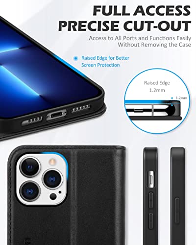 SHIELDON Genuine Leather Wallet Case for iPhone 13 Pro Max 6.7" 2021, Black | Magnetic Closure, RFID Blocking, Credit Card Holder, Kickstand, Folio Book Design, Shock Absorbing Protective Cover - color: Black