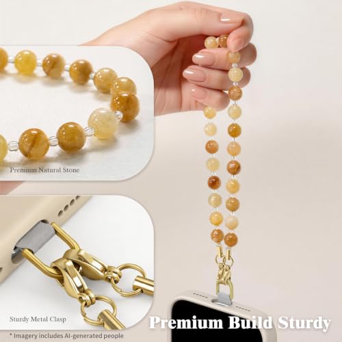 SURPHY Natural Stone Phone Charm, Beaded Phone Wrist Strap with Tether Tab - color: Aventurine Light Amber