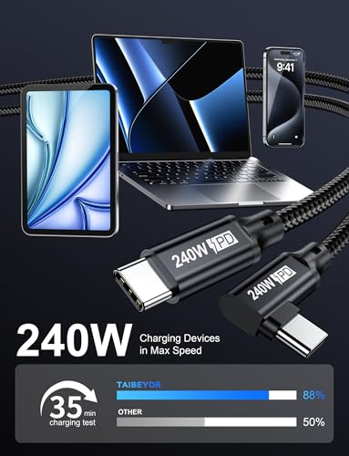 240W USB C to USB C Cable 10FT,PD 3.1 Type C to C 5A Fast Charging Cable Right Angle for MacBook Pro/Air,iPad Pro/Air/Mini,iPhone15/15Pro/15Plus/15ProMax,Samsung S24/S23/S22,Surface Book2,Pixel - style: 90° Right Angle