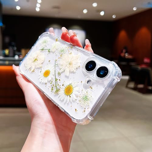 Compatible with iPhone 17 Case Clear Cute Real Flowers Shockproof | Handmade Natural Pressed Dried White Flower Gliter Soft TPU Slim Protective phone cover for iphone 17 - color: White Flower, size: iphone 17