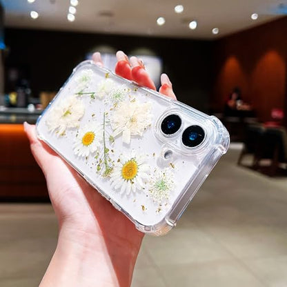 Compatible with iPhone 17 Case Clear Cute Real Flowers Shockproof | Handmade Natural Pressed Dried White Flower Gliter Soft TPU Slim Protective phone cover for iphone 17 - color: White Flower, size: iphone 17