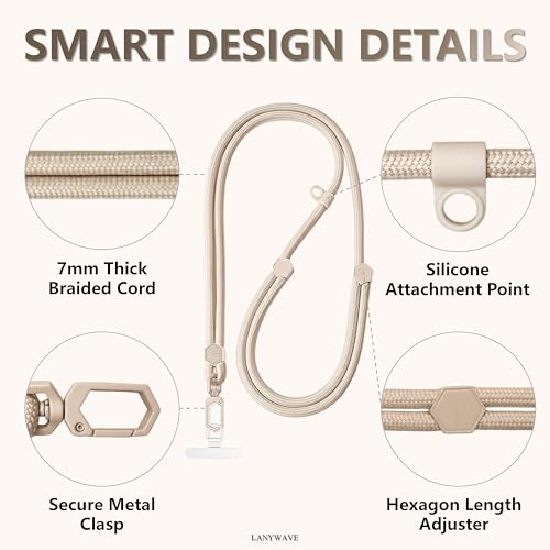 Adjustable Crossbody Phone Lanyard, Braided Cord with Tether Tab - color: Beige