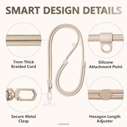 Adjustable Crossbody Phone Lanyard, Braided Cord with Tether Tab - color: Beige