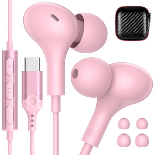 USB C Headphones for Apple/iPhone Duo 18 17 16 15 Wired Earbuds with Case - color: Pink