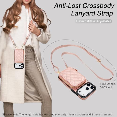Bocasal Crossbody Wallet Case Card Holder for iPhone 17 Pro Max Rose Gold | RFID Blocking PU Leather Zipper Handbag Purse, Kickstand Flip Folio Case with Card Slots Holder Wrist Strap Lanyard 6.9 Inch - color: Rose Gold