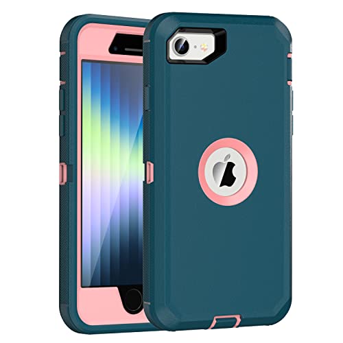 MXX Case for iPhone SE 2020 / SE 2022 Heavy Duty Protective Case with Screen Protector, Rugged Rubber Shockproof Protection Cover & Rotating 360 Degree Belt Clip SE 3rd/2nd Gen(Tuscan Teal/Light Pink) - color: Tuscan Teal/ Light Pink