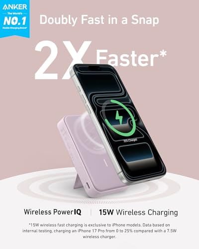Anker MagGo Power Bank, 10,000mAh Qi2-Certified 15W Max Portable Charger | Fast MagSafe-Compatible Battery Pack, Smart Display, Foldable Stand, for iPhone 16 / 15 / 14 / 13 Only (USB-C Cable Included) - color: Violet