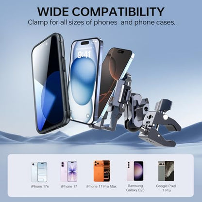 Motorcycle Phone Mount, CNC Aluminum Alloy Bike Phone Holder with Vibration Dampener & Dual 360° Ball Head, One-Click Lock Handlebar Clamp for iPhone 17 16 Pro Max Samsung (Mount002)