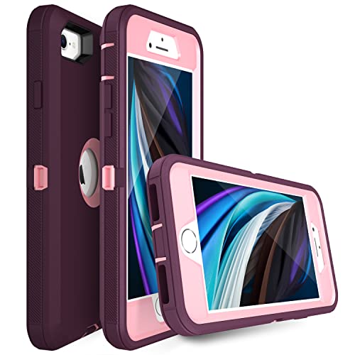 MXX Case Designed for iPhone SE Case 2020 /SE 2022 Heavy Duty Protective with Screen Protector [3 Layers] Rugged Rubber Protection Cover & Rotating 360 Degree Belt Clip SE 3rd/2nd Gen(Plum/Light Pink) - color: Plum/Light Pink