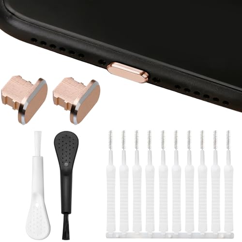 14Pcs/Set Gold Anti Dust Plugs Metal Cover for iPhone 14 13 12 11 X XS XR 8 7 SE Plus Pro Max, 2Pcs Lightning Charging Port Dust Caps Protector with 12Pcs Clean Brush