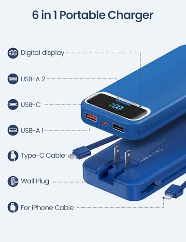 aonidi Portable Charger 12000mAh with Built-in Cables&AC Wall Plug, Navy - color: Navy