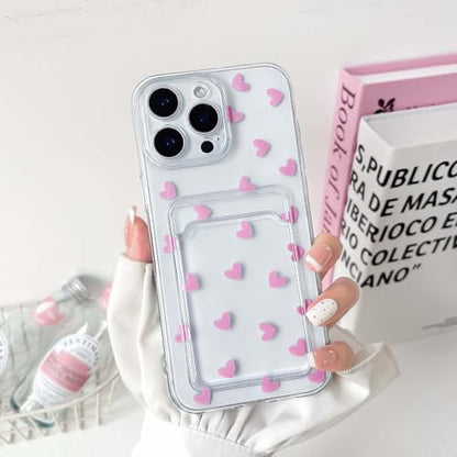 NITITOP Compatible with iPhone 15 Pro Max Case Clear with Card Holder Cute Pink Love Heart Pattern Design Design Soft TPU Shock-Absorbing Wallet Case Protective Cover - Pink - color: Pink, size: iPhone 15 Pro Max