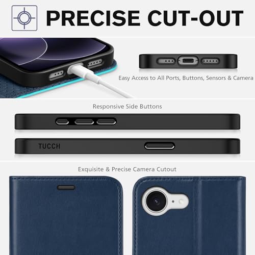 TUCCH Wallet Case for iPhone 17e/16e (6.1"), 4 Card Slots, Blue & Lake Blue | RFID Blocking, Viewing Stand, Shockproof TPU Shell, PU Leather, Magnetic Closure, Protective Folio Flip Cover - color: Two-tone Blue & Lake Blue