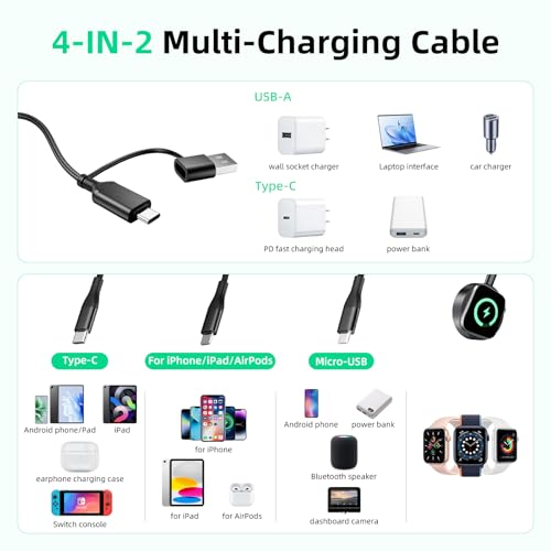 A-Pce 4-in-2 Multi Charging Cable with Smartwatch Charging, Black-6FT - color: Black, size: 6FT