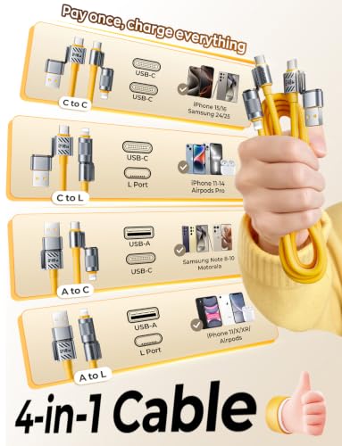 240W 4 in 1 USB C to Lightning Cable Combo, 5FT Super Fast Charging Cable - color: Yellow, size: 240W, style: Silicone Cable
