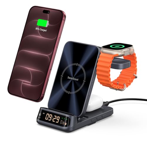 3-in-1 Charging Station for iPhone 18 Pro/18 Pro Max, 17/16/15/14/13/12 Series (Not for iPhone Duo), for Apple Watch 12/Ultra 4 & AirPods, SwanScout 708A (NO Adapter)