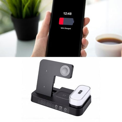 ASHATA 4 in 1 Wireless Charging Station 3 in 1 Stand with Digital Alarm Clock 7 Color Night Light for Phone Watch Earbuds (Black) - color: Black