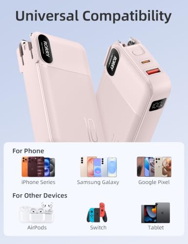 RORRY Portable Charger 3 in 1 with Wall Plug 10000mAh Power Bank for iPhone - color: Pink