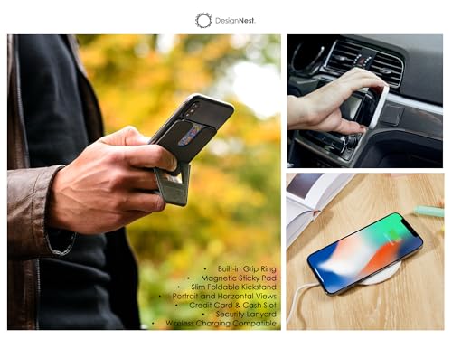 DesignNest FoldStand Slim Magnetic Phone Stand Card Holder with Lanyard, Horizontal Vertical View, Foldable Finger Grip, Wireless Charging Compatible Leather Brown
