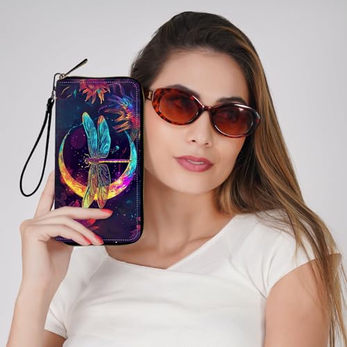 Ladies Wallet,Clutch Purses for Women Wallets Leather Credit Card Holder for Women Wristlet Slim Small Cute with Zipper,Thin RFID Blocking with Wrist Strap,Glitter Dragonfly Moon - color: Glitter Dragonfly Moon