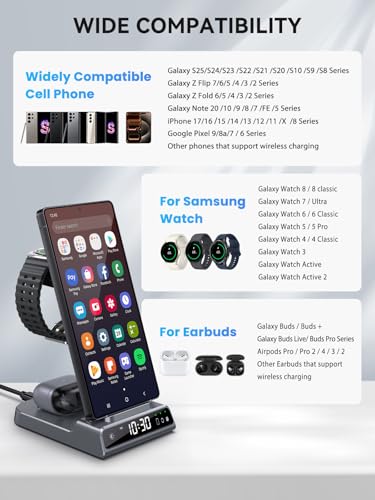 Wireless Charger for Samsung S25 with Clock 3 in 1 Android Charging Station - color: Grey