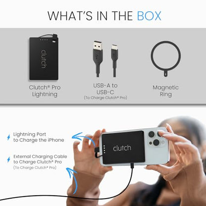 Clutch Pro – World's Thinnest iPhone Charger – Portable Power Bank 5000mAh – Magnetic Built-in Lightning Cable – TSA Approved Travel Charger – iPhone 14 & Earlier – Black - color: Black