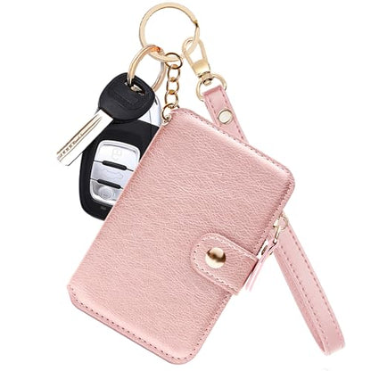 M-Plateau RFID Blocking Keychain Wallet With Leather Wrist Strap | Keychain Wristlet, Womens Card Holder with Zipper Coin Pocket and ID Window (Pink) - color: Pink