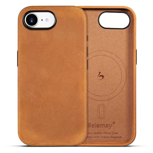 Belemay Handcrafted Crazy Horse Leather Case for iPhone 17e / iPhone 16e, Compatible with MagSafe, Vintage Aesthetic, Two-Tone Effect, Unique Patina, Metal Buttons Cover (6.1"), Sunset Tan - color: Sunset Tan