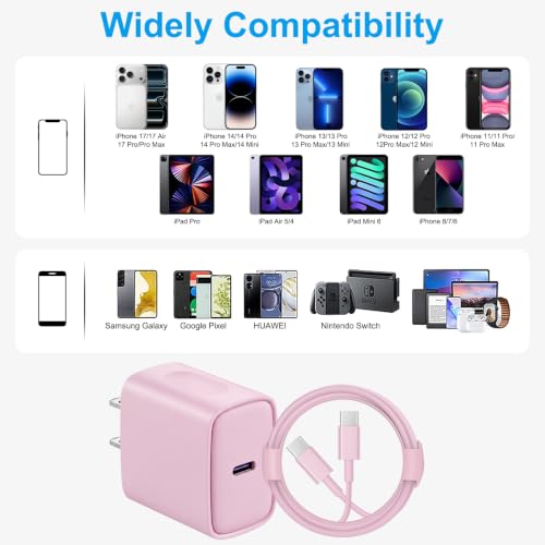 iPhone 17 16 15 Charger Fast Charging 12FT - 20W USB C Charger Block - color: Pink, size: 12FT