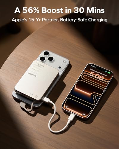 MOMAX Ultra-Slim 10000mAh Portable Power Bank with Built-in USB-C Cable, PD 30W Fast Charging Battery Pack for iPhone 17/16/15, iPhone air, Galaxy, Pixel (No Wireless,No Lightning) - size: 10000mAh