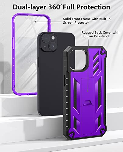 FNTCASE for iPhone 14 Plus Case, Built-in Screen Protector, Kickstand | 20FT Military-Grade Drop Protection, Anti-Slip Matte Textured, Rugged Heavy Duty Shockproof TPU Protective Cover - color: Purple
