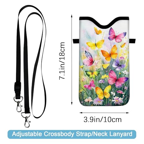Neoprene Cell Phone Sleeve Pouch Case Bag with Crossbody Strap Neck Lanyard for Women 7.1 X 3.9 in Flower Butterfly - color: Flower Butterfly