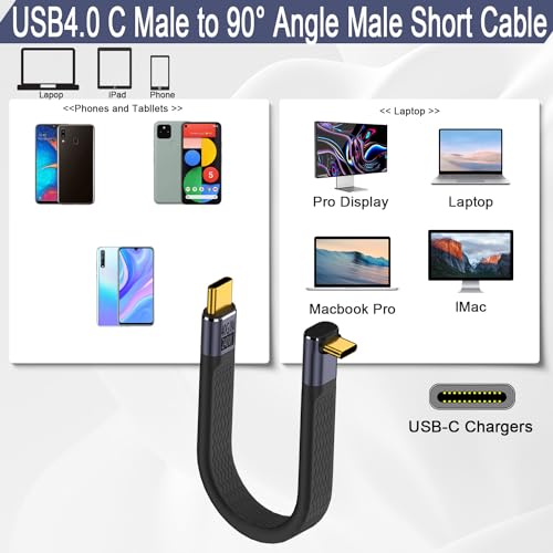 QIANRENON 240W USB4.0 C Male to 90° Angle Type C Male PD Fast Charging Short Cable 40Gbps USB Type C 4.0 Flat Soft Data Cable, for Thunderbolt 3/4 Power Bank Smartphone, 13cm/5.1in (Positive Bend)