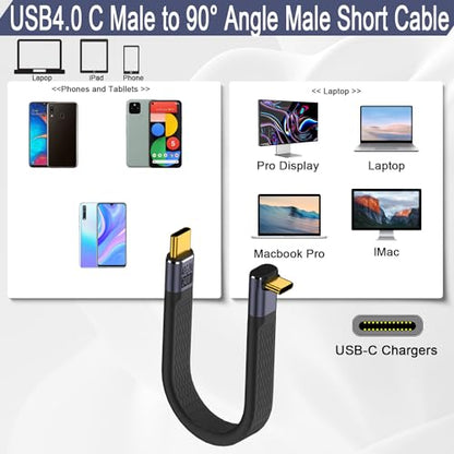 QIANRENON 240W USB4.0 C Male to 90° Angle Type C Male PD Fast Charging Short Cable 40Gbps USB Type C 4.0 Flat Soft Data Cable, for Thunderbolt 3/4 Power Bank Smartphone, 13cm/5.1in (Positive Bend)