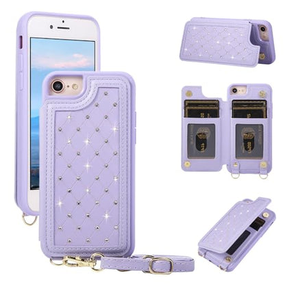 for iPhone 7/8/SE 2022/SE 2020 Wallet Case with Card Holder Slots and Strap, RFID Blocking Magnetic Flip Folio Cover, Crossbody Purse Protection Case with Kickstand,Purple Diamond - color: Purple Diamond, size: iPhone 7/8/SE 2022/SE 2020(6.6")