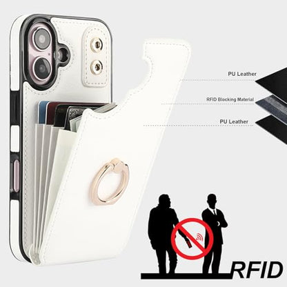 Folosu Compatible with iPhone 16 Case Wallet with Card Holder, 360°Rotation Finger Ring Holder Kickstand, RFID Blocking Leather Protective Double Buttons Shockproof Cover 6.1 Inch White - color: White