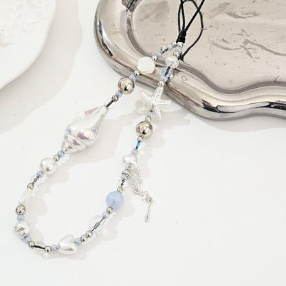 Cute Beaded Camera Wrist Strap for Phone, Digital Camera Charm Lanyard, Pearl Beaded Chain for Bag Keychain Gift - color: White Conch