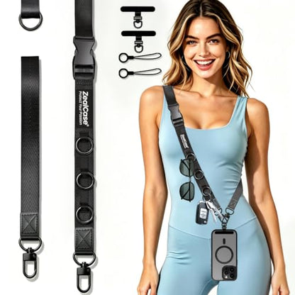 Cell Phone Lanyard Crossbody Built 3 Hooks & Anti-Slip Wrist Strap - color: Black, size: Small: Width 0.79''/Length 35.54'' – 69.93''