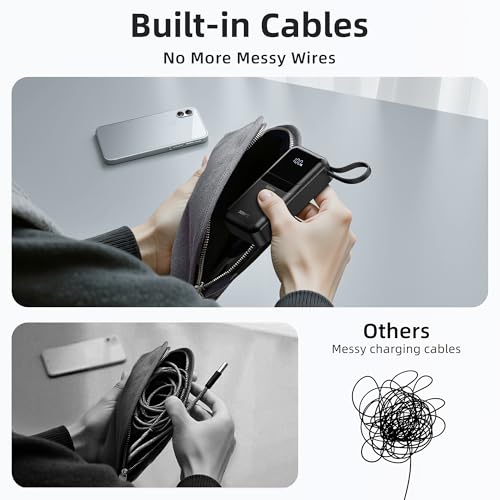 PD 30W Fast Charging Portable iPhone Charger 10 000mAh Mini Size Power Bank with Built in USB C & Lightning Cable, LED Display, Travel Battery Pack for iPhone 16/15/14/13 Series Samsung etc