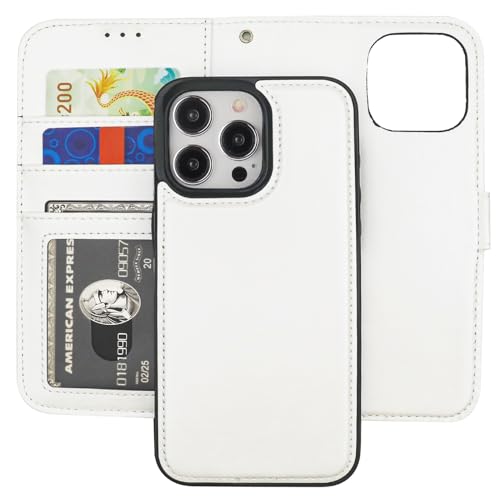 Bocasal Detachable Wallet Case Card Holder for iPhone 15 Pro Max White | RFID Blocking Kickstand Card Slots Holder PU Leather Magnetic Shockproof Wrist Strap Removable Flip Protective Cover 6.7 inch - color: White