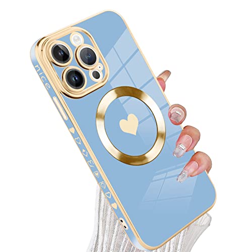tharlet Magnetic for iPhone 14 Pro Max Case Cute Love Heart Luxury Plating | [Compatible with Magsafe] with Full Camera Lens Protection and screen protector, Gift giving & daily matching Blue - color: Blue Love Heart, size: iPhone 14 Pro Max
