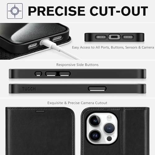 TUCCH Wallet Case for iPhone 15 Pro Max (6.7"), Flip Stand, Black & White | RFID Blocking, 4 Card Holders, Kickstand, PU Leather, Shockproof TPU Shell, Magnetic Closure, Protective Folio Cover - color: Black & White