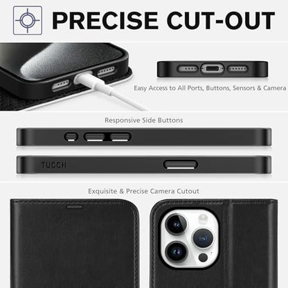 TUCCH Wallet Case for iPhone 15 Pro Max (6.7"), Flip Stand, Black & White | RFID Blocking, 4 Card Holders, Kickstand, PU Leather, Shockproof TPU Shell, Magnetic Closure, Protective Folio Cover - color: Black & White