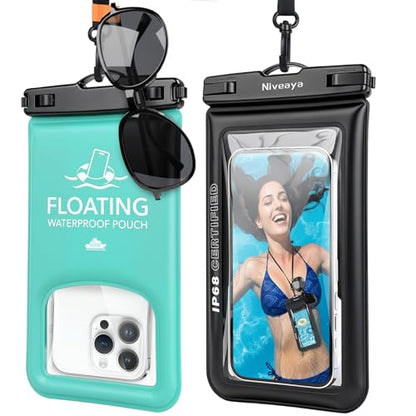 Niveaya Floating Waterproof Phone Pouch, IP68 Waterproof Phone Case with Lanyard for iPhone 17 16 15 Pro Max, Galaxy S25 24 Ultra, Cellphone Dry Bag Beach Cruise Essentials(up to 8.5"-2 Pack) - color: Black+Green