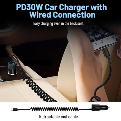 Ankuee USB C Car Charger, PD30W Vehicle Cigarette Lighter Adapter with Built-in Type C Fast Charging Cable, Automotive USB C Charging Adapter, Universal for SUV Automobile Truck