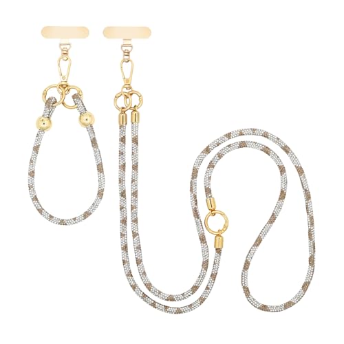ABJFJE Crystal Phone Lanyard Crossbody & Wrist Strap Phone Strap Crossbody & Wrist Lanyard Anti Theft Phone Strap for Women - color: Brown+wite
