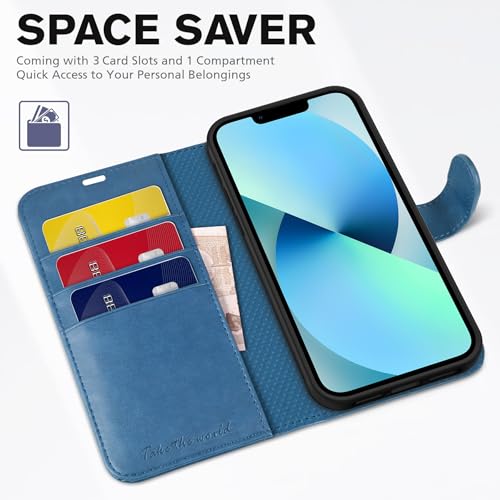 TUCCH Wallet Case for iPhone 13 (6.1") 2021, Flip Stand, Lake Blue | RFID Blocking, 3 Card Holders, Kickstand, PU Leather, Shockproof TPU Shell, Magnetic Closure, Protective Folio Cover - color: Blue (Light Blue)