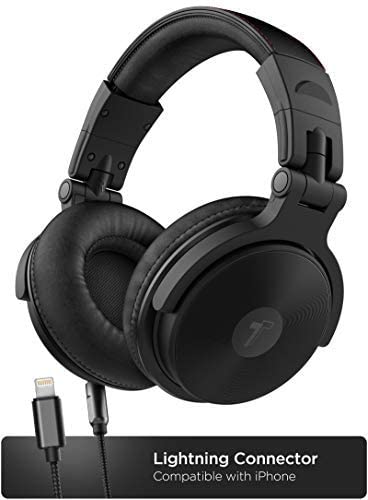 Thore Over-Ear iPhone Headphones with Lightning Connector – Closed Back Studio DJ Monitor Earphones w/Apple MFI Certified Cable (50mm Neodymium Drivers, V200 Black)