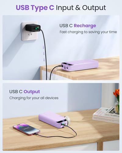 Power Bank, 50000mAh 22.5W with USB-C Fast Charging Portable Charger - color: Purple