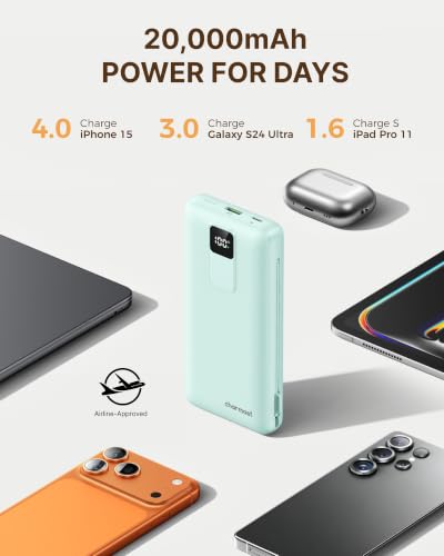 charmast 20000mAh Portable Charger with Built-in Cables and AC Wall Plug - color: cyan